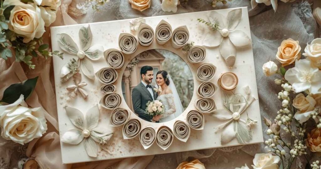 ilustrasi mahar uang kertas sederhana scrapbook dengan foto pasangan pengantin
